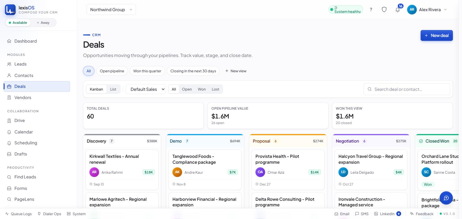 The LexisOS Deals board. Pipeline stage columns — Discovery, Demo, Proposal, Negotiation, Closed Won — run across the screen, each headed by its own deal count and total value, holding draggable deal cards that show an owner, a value and a close date.